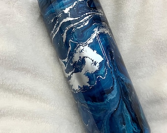 Handmade Blue Swirl Epoxy Tumbler, Silver Alcohol Ink, 20oz Skinny Steel