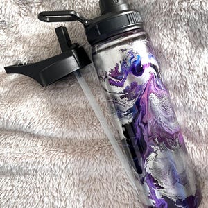 Purple and Silver Swirly Colors Alcohol Ink, Epoxy 25oz Skinny Steel Bottle, Handmade, One of a Kind, Resin and Colorful Ink Tumbler
