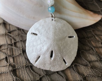 Handmade Sand Dollar Necklace and Earring Set: Aqua Crackle Beads