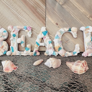Letras de conchas marinas (5inx6in), decoración de arte de conchas marinas, letras de playa, decoración de casas de playa, decoración costera, letras de cristal de mar, pared de conchas marinas colgando