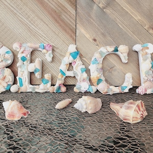 Seashell letters (5inx6in), seashell art decor, beach letters, beach house decor, coastal decor, sea glass letters, seashell wall hanging