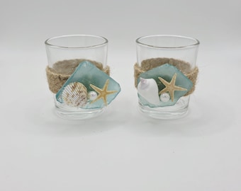 Seashell Candle Holder: Braided Jute & Seaglass - Beach Wedding Decor