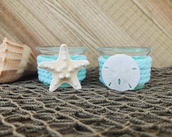 Seafoam Coastal Candle Holders: Beach House Decor, Seashell Accents (Set of 2)