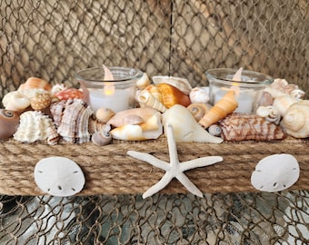 Coastal seashell candle holder centerpiece. Perfect as a beach wedding centerpiece, beach wedding gift, or to complement your coastal decor