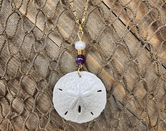 Handmade Sand Dollar Necklace: Amethyst & Pearl Boho Beach Jewelry