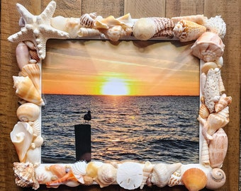 Seashell photo frame, 8"x10" coastal picture frame, beach house decor, beach wedding gift, housewarming gift, seashell art, tropical frame