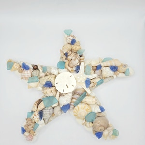 Seashell Starfish Wall Art: Coastal Mosaic with Sea Glass