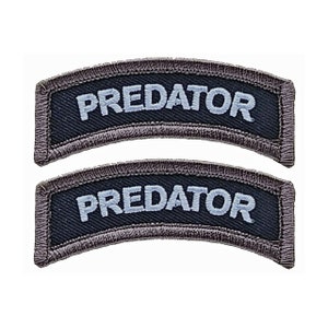 May include: Two black and gray embroidered patches with white lettering that reads "PREDATOR".