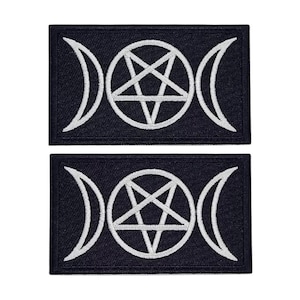 May include: Two black iron-on patches with white embroidered pentagram and triple moon symbols.