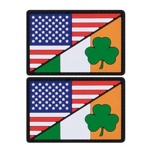May include: Two black-bordered patches with the American flag and the Irish flag, each divided diagonally. The American flag is on top and the Irish flag is on the bottom. The Irish flag has a green shamrock on the orange section.