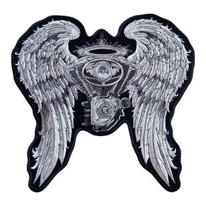 May include: A black and white embroidered patch featuring a motorcycle engine with angel wings. The engine is detailed with a halo and the wings are silver.