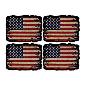 May include: Four distressed American flag patches with a frayed edge. The patches are black, red, white, and blue.