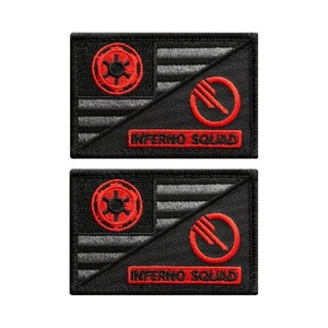 May include: Two black and red embroidered patches with the text "Inferno Squad" and a Star Wars inspired design. The patches feature a red Imperial symbol and a red circle with a diagonal line through it.