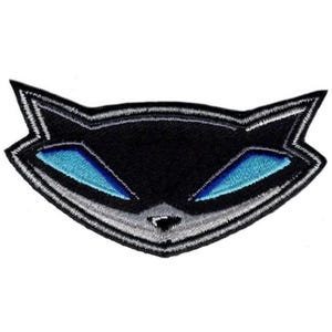 May include: Black and gray embroidered patch of a cartoon raccoon face with blue eyes.