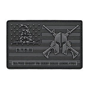 May include: Black and gray embroidered patch with a crossed rifle design, a Spartan helmet, and a Gadsden flag. The text "D.T.O.M." and "2A, THE RIGHT TO KEEP BEAR ARMS, 1791" are also included.