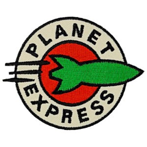 May include: A white circle with the text "PLANET EXPRESS" in black around the edge. Inside the circle is a red circle with a green rocket ship. The rocket ship has a white flame coming out of the back.