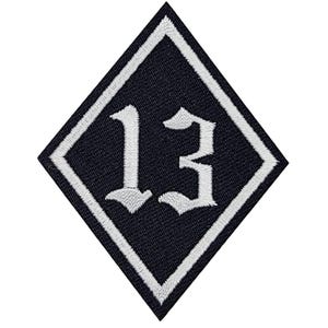 May include: White embroidered number "13" in a gothic font on a black diamond-shaped patch with a white border.