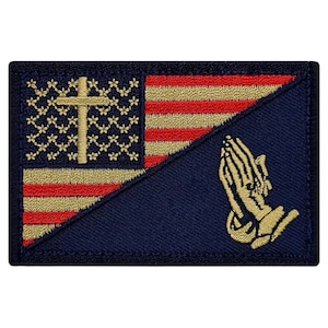 Praying Hands Cross USA Flag Subdued In God Christian Patch - 3 x 2 Inch Hook Fastener Backing