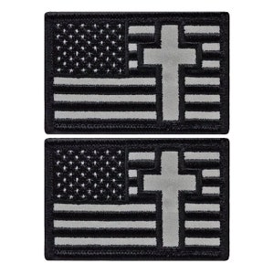 Reflective Cross USA American Flag Christian Cross Patch - 3 x 2 Inch Hook Fastener Backing
