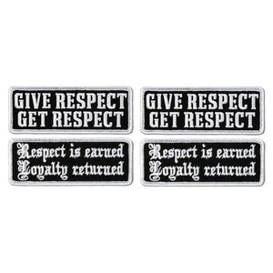 May include: Four black and white embroidered patches with the text "GIVE RESPECT GET RESPECT" and "Respect is earned Loyalty returned".