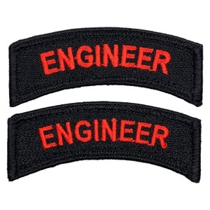 May include: Two black fabric patches with red embroidered text that reads "ENGINEER".