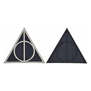 May include: Two iron-on patches featuring the Deathly Hallows symbol from the Harry Potter series. One patch is black with a white symbol, and the other is white with a black symbol.