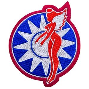 May include: A red embroidered patch with a white starburst and a red female figure with wings. The figure is standing in front of a blue circle with a white outline.