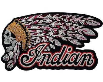 Indian Skull Feathers Biker Jacket Vest Back Patch - 11 X 6 Inch - Iron on or Sew on C733