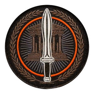 May include: Embroidered patch featuring a white sword, a classical building, and a laurel wreath design. The patch is circular, with a black background, an orange ring, and brown and gray details.
