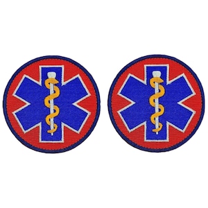 May include: Two red and blue embroidered patches with a white star of life and a yellow caduceus.