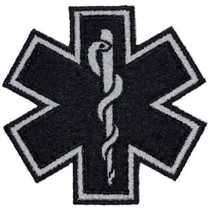 May include: Black and silver embroidered patch with a star of life and a caduceus symbol.