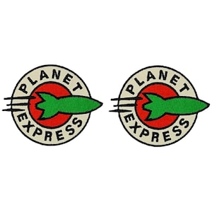 May include: Two embroidered iron-on patches featuring the Planet Express logo from Futurama. Each patch is circular and features a red circle with a green rocket ship inside. The text "Planet Express" is written in a black circular font around the red circle.