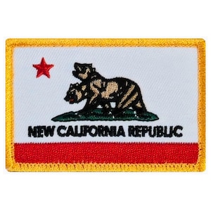 May include: A white patch with a yellow border, featuring a red star, a black bear with a brown body, and the text "NEW CALIFORNIA REPUBLIC".