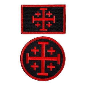 May include: Two embroidered patches with a red Jerusalem cross on a black background. One patch is rectangular and the other is round.
