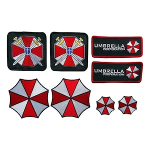 May include: Set of 9 embroidered patches featuring the Umbrella Corporation logo from the Resident Evil video game series. The patches include a variety of designs, including the iconic red and white umbrella logo, the Umbrella Corporation logo with swords, and the Umbrella Corporation text logo.