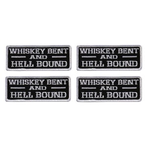 May include: Four black and white embroidered patches with the text "Whiskey Bent and Hell Bound" in white lettering.