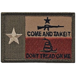 May include: A green, tan, and red embroidered patch with a white star, a rifle, a snake, and the text "Come and Take It" and "Don't Tread On Me".