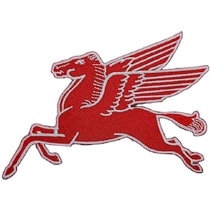 May include: Red embroidered patch of a winged horse, a classic symbol of speed and power.