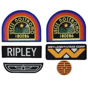 May include: Set of six embroidered patches featuring the Nostromo spaceship, Weyland-Yutani Corp logo, Ripley name tag, and other symbols from the Alien movie franchise.