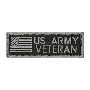 May include: A gray embroidered patch with a US flag and the text "US ARMY VETERAN".