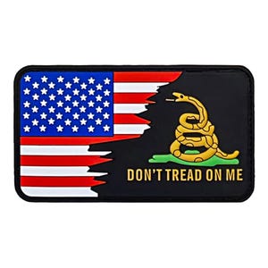 May include: A black patch with a torn American flag on the left side and a yellow snake with the words "Don't Tread On Me" on the right side.