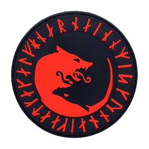 May include: A black and red circular patch with a stylized wolf design and a ring of runes around the edge.
