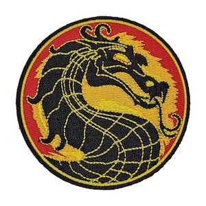 May include: A black and yellow embroidered patch with a dragon design. The dragon is curled up in a circle with its head facing the viewer. The background is red.