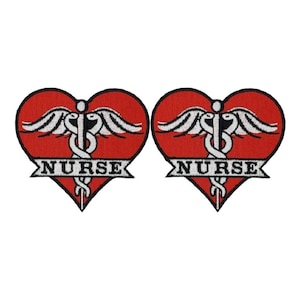 May include: Two red heart-shaped embroidered patches with a white caduceus symbol and the word "NURSE" in black lettering.