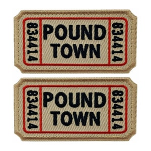 May include: Two tan fabric patches with red borders and black stitching. Each patch has the text "POUND TOWN" and the number "834414" on either side.