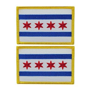 May include: Two embroidered patches of the Chicago flag. The flag is white with six horizontal blue stripes and six red stars in a row.