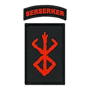 May include: Black and red embroidered patch with the word "BERSERKER" in red lettering above a red stylized symbol on a black background.