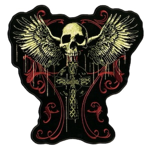 Flying Skull Gothic Cross Jacket Vest Back Patch - 12 x 12 Inch Iron On or Sew On