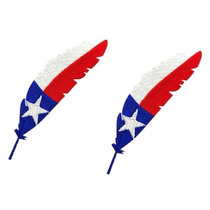 May include: Two embroidered iron-on patches in the shape of a feather with the Texas state flag design. The patches are red, white, and blue with a white star in the center.