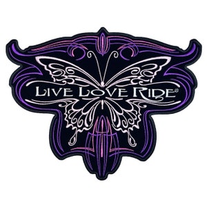 May include: Purple and pink embroidered patch with a butterfly design and the text "Live Love Ride".